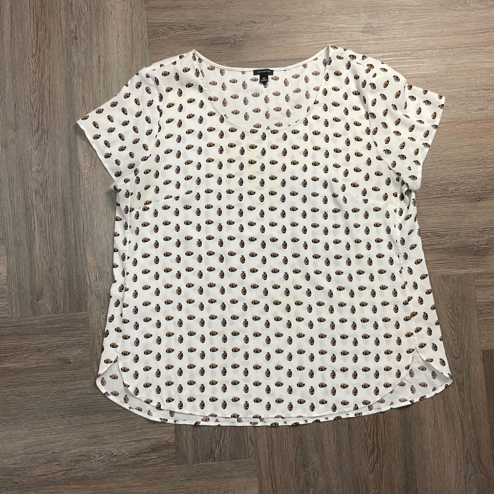Ann Taylor Blouse Top Womens XL White Brown Pineapple Print Short Sleeve Boho